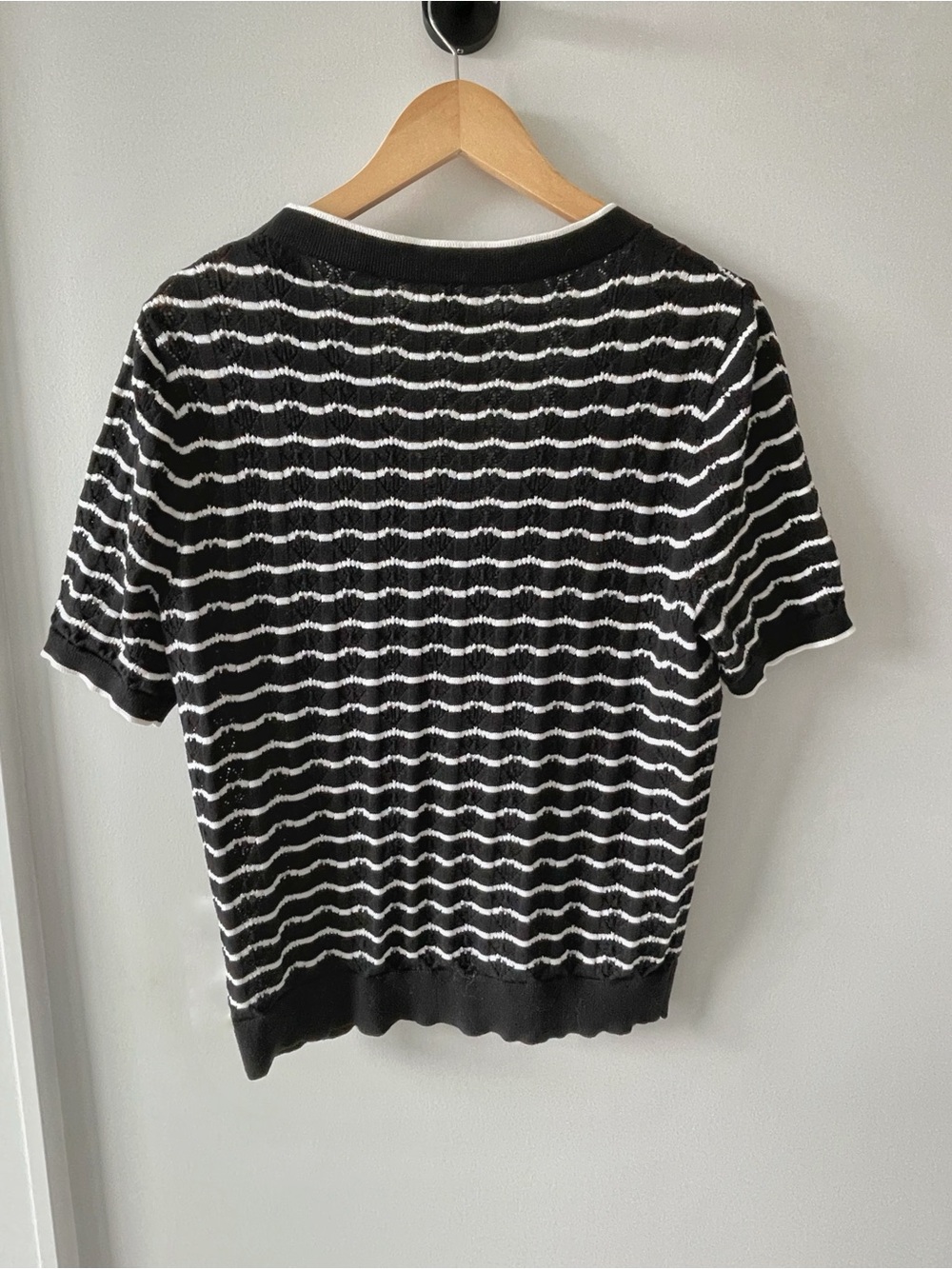 J.Crew 100% Cotton Short Sleeve Cardigan Black White Stripe Large Coastal - Picture 2 of 6